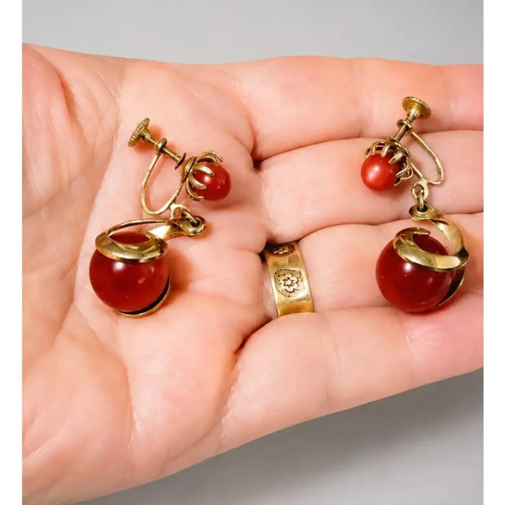 Vintage Mid-century Pink-Red Moonstone Dangle Earrings Screw Back sb-30